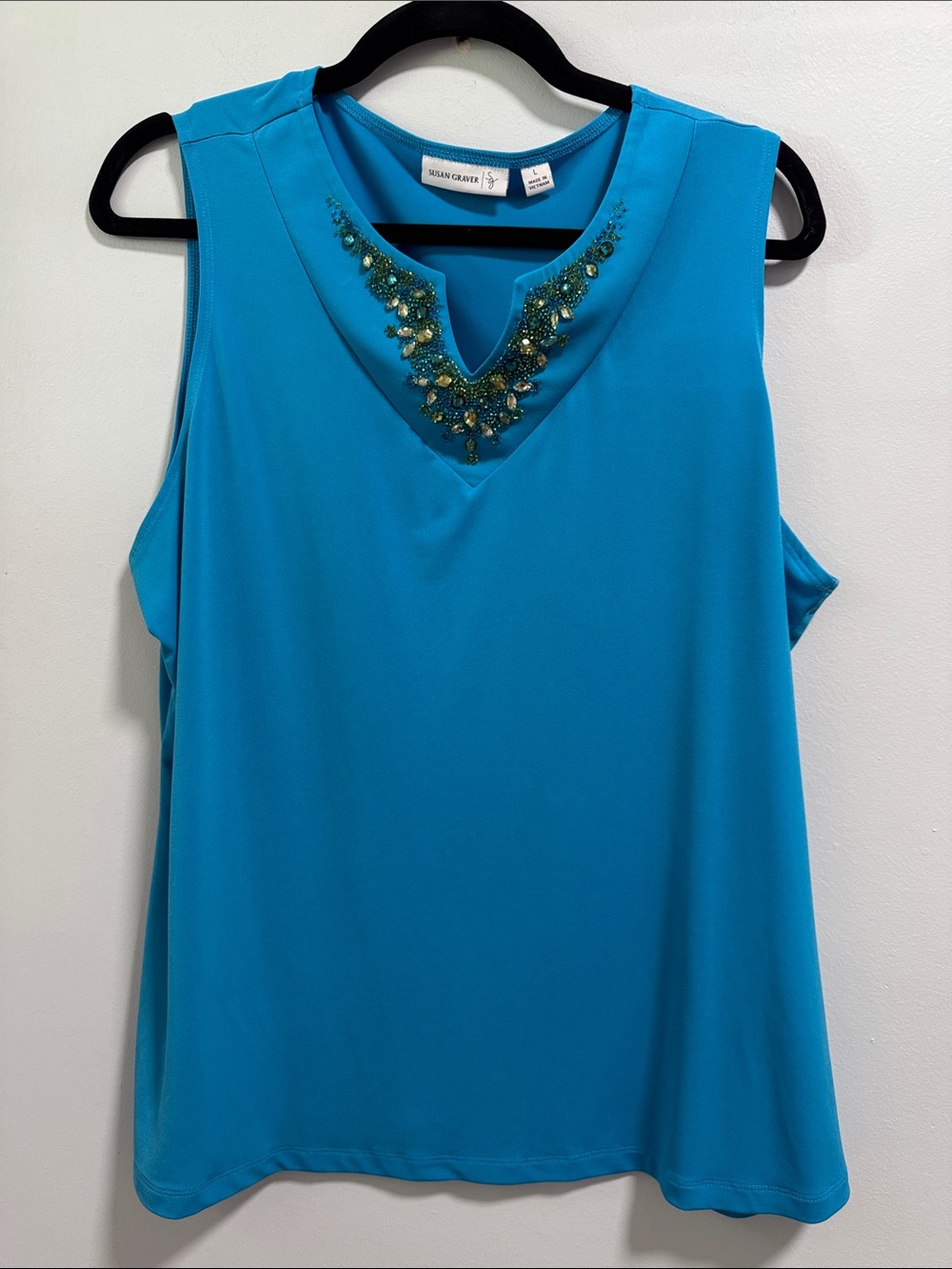 Susan Graver Bright Turquoise Beaded V-Neck Sleeveless Top